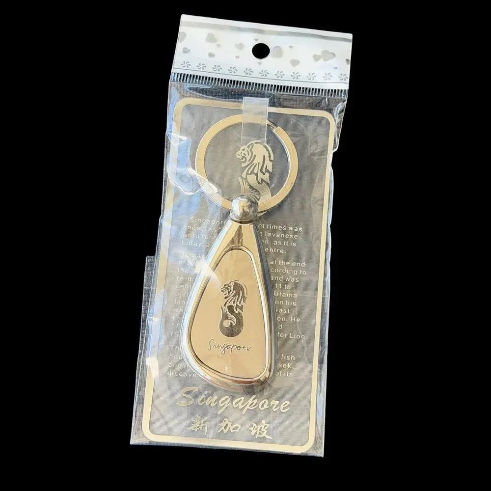 Singapore Keychain Merlion Silver Metal Key Ring Heavy Teardrop NOS Opened
